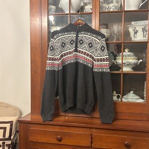 IZOD Mens Pullover Sweater Leather Zipper Pull Gray/Red Excellent Used Condition